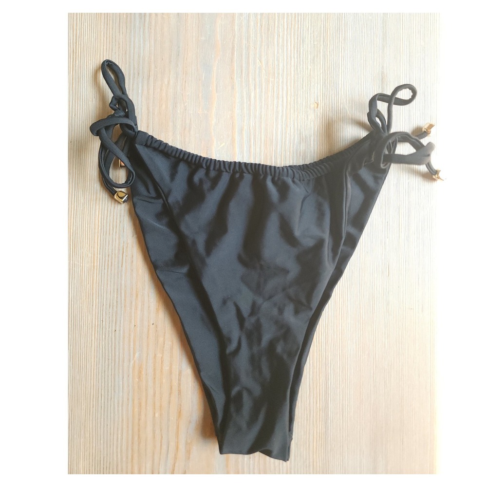 Blackbough Bikini Bottoms Women L Black Side Tie Gold Hardware ClassyCheeky Swim